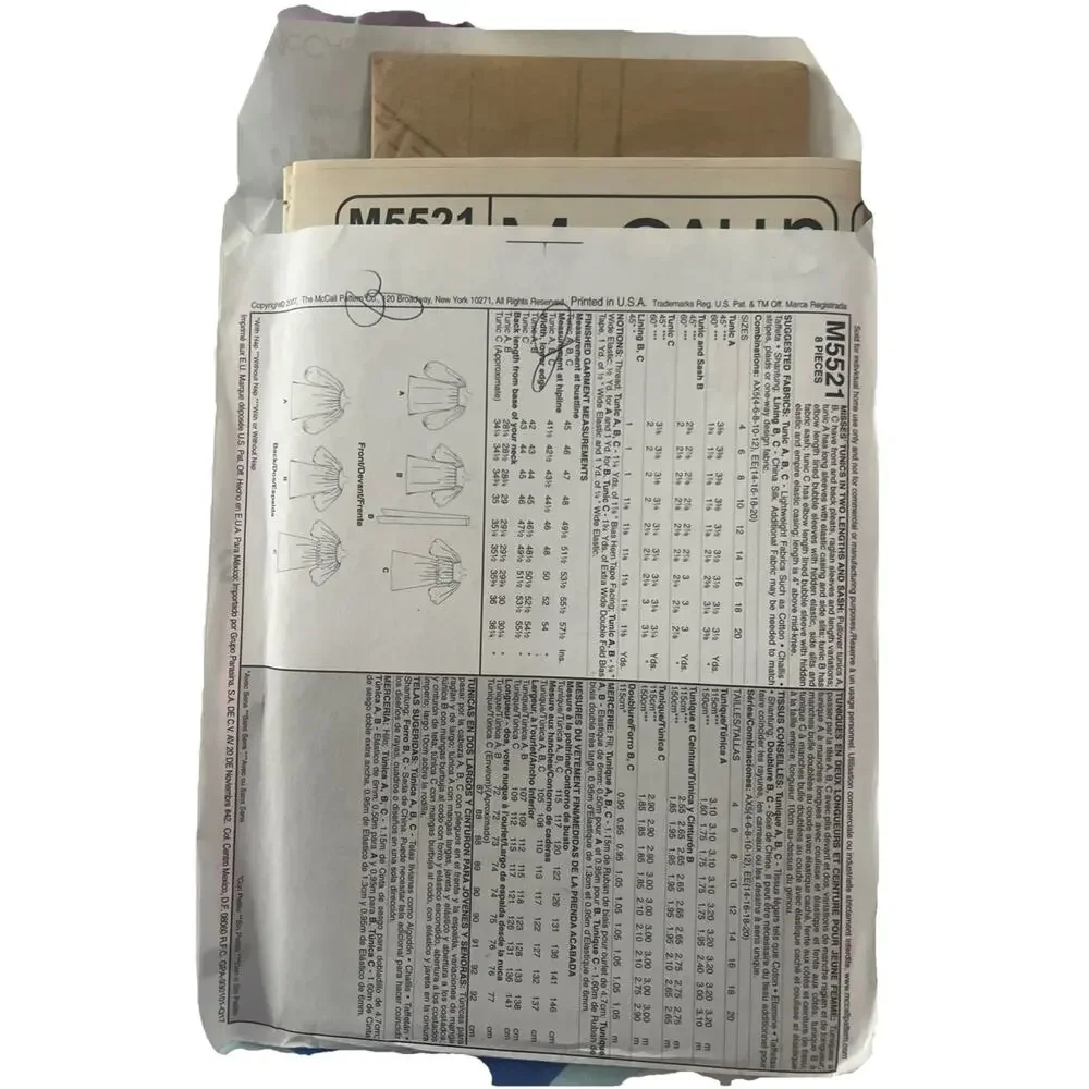 McCalls M5521 Misses Tunic Sewing Pattern 4-6-8-10-12 Blouse Shirt UC
